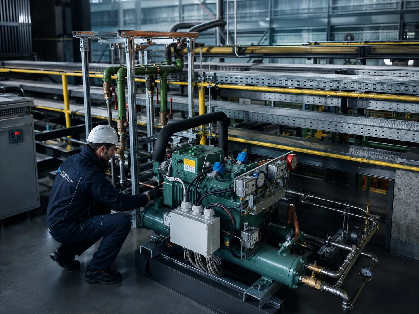 Kälteanlage-Maschinenraum mit Techniker